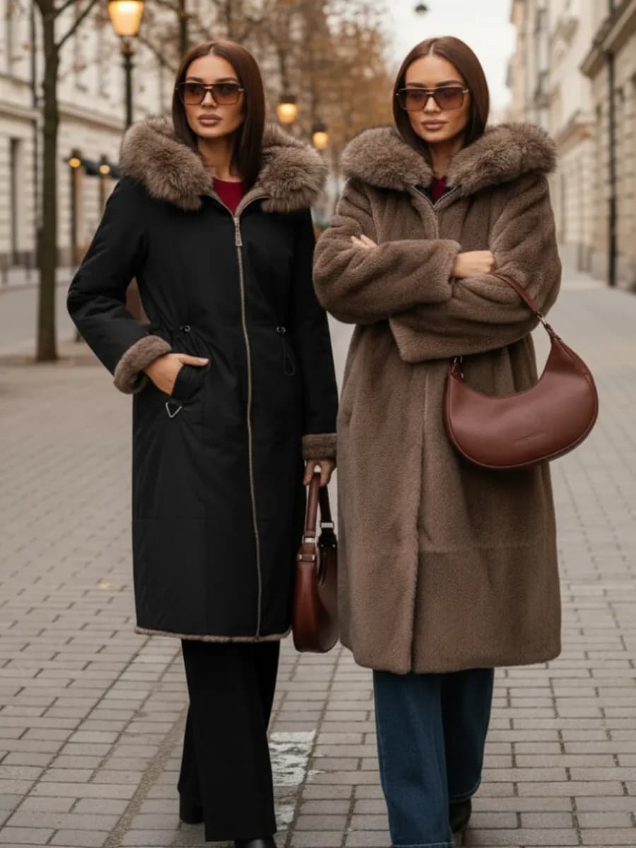 Шуба парка зимняя двухсторонняя с капюшоном большие размеры