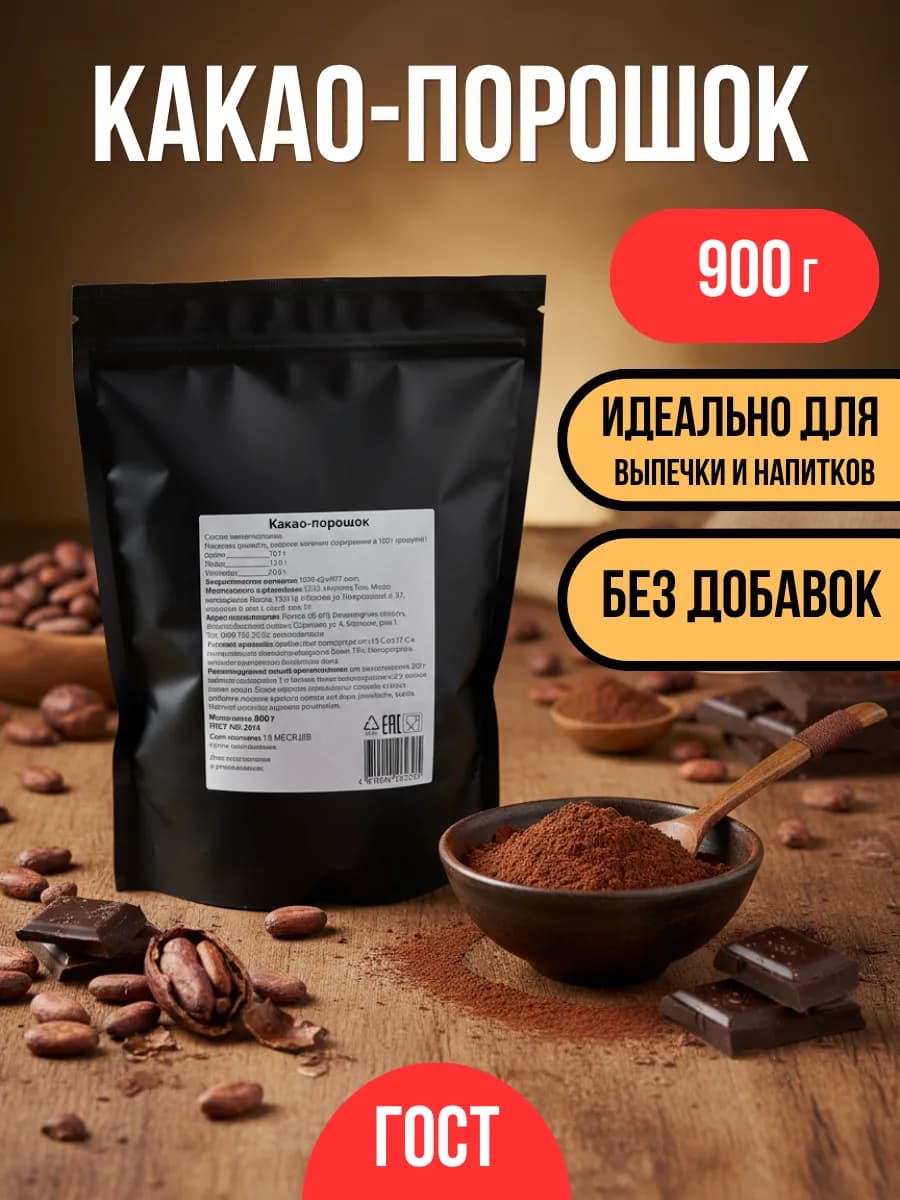 Какао порошок натуральный растворимый без сахара 900г