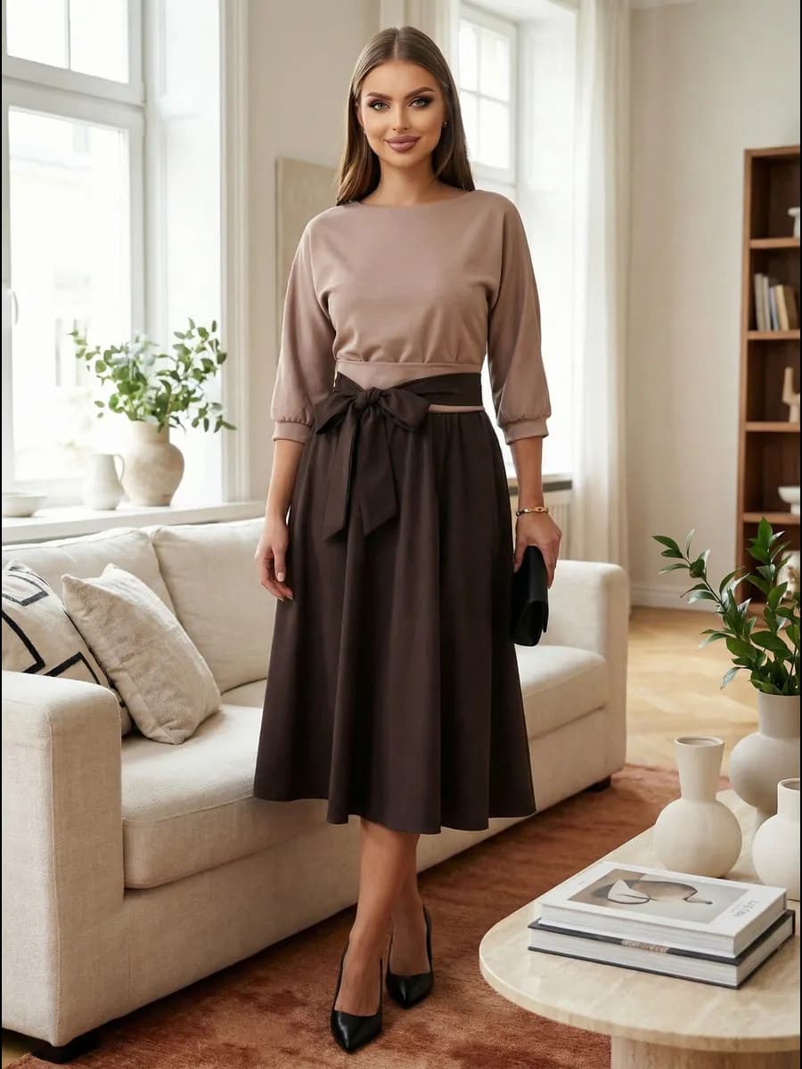 Платье трикотажное теплое офисное миди