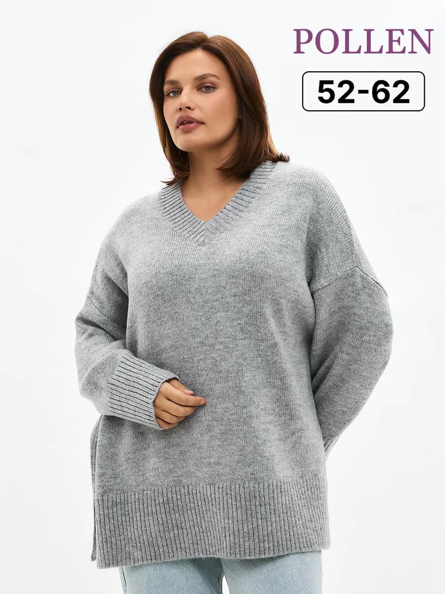Джемпер оверсайз больших размеров с V-вырезом