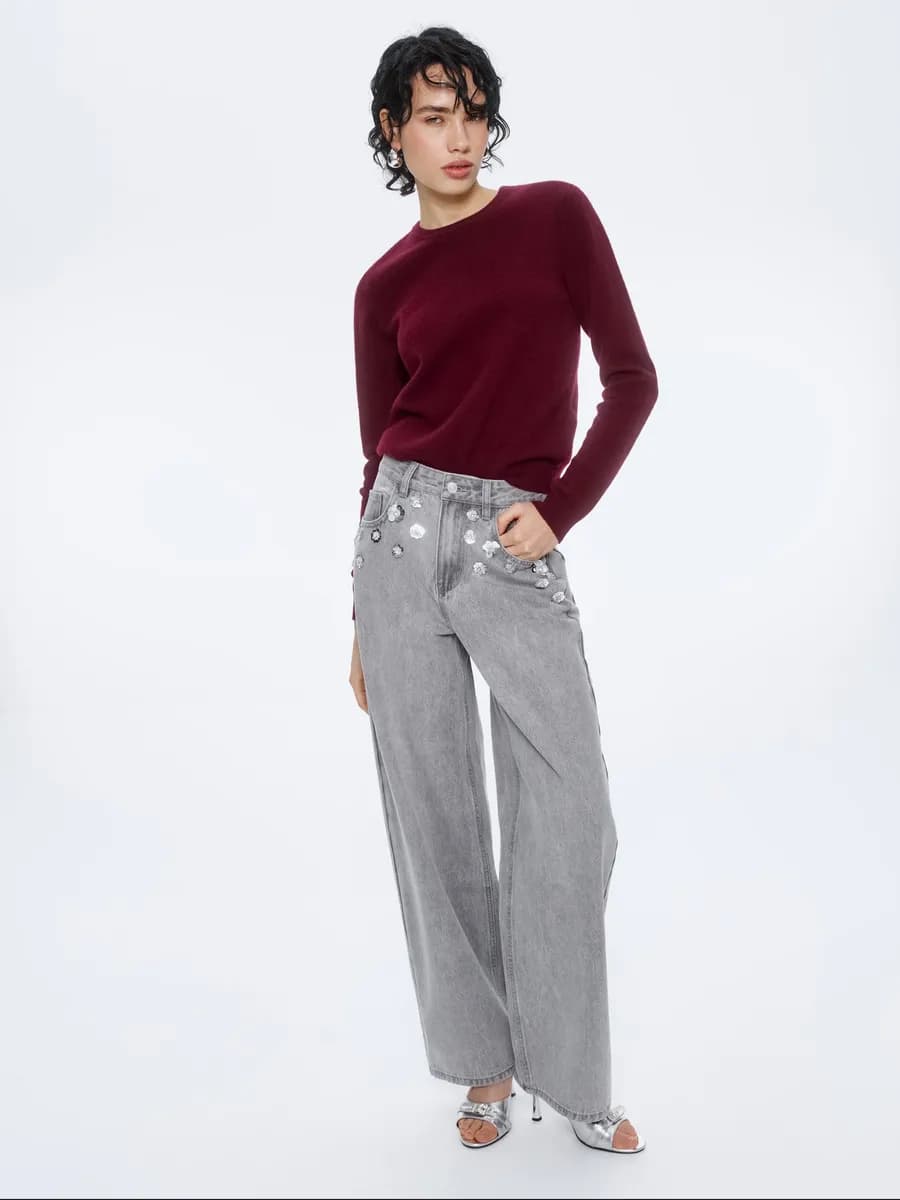 Джинсы Loose straight с цветочным декором