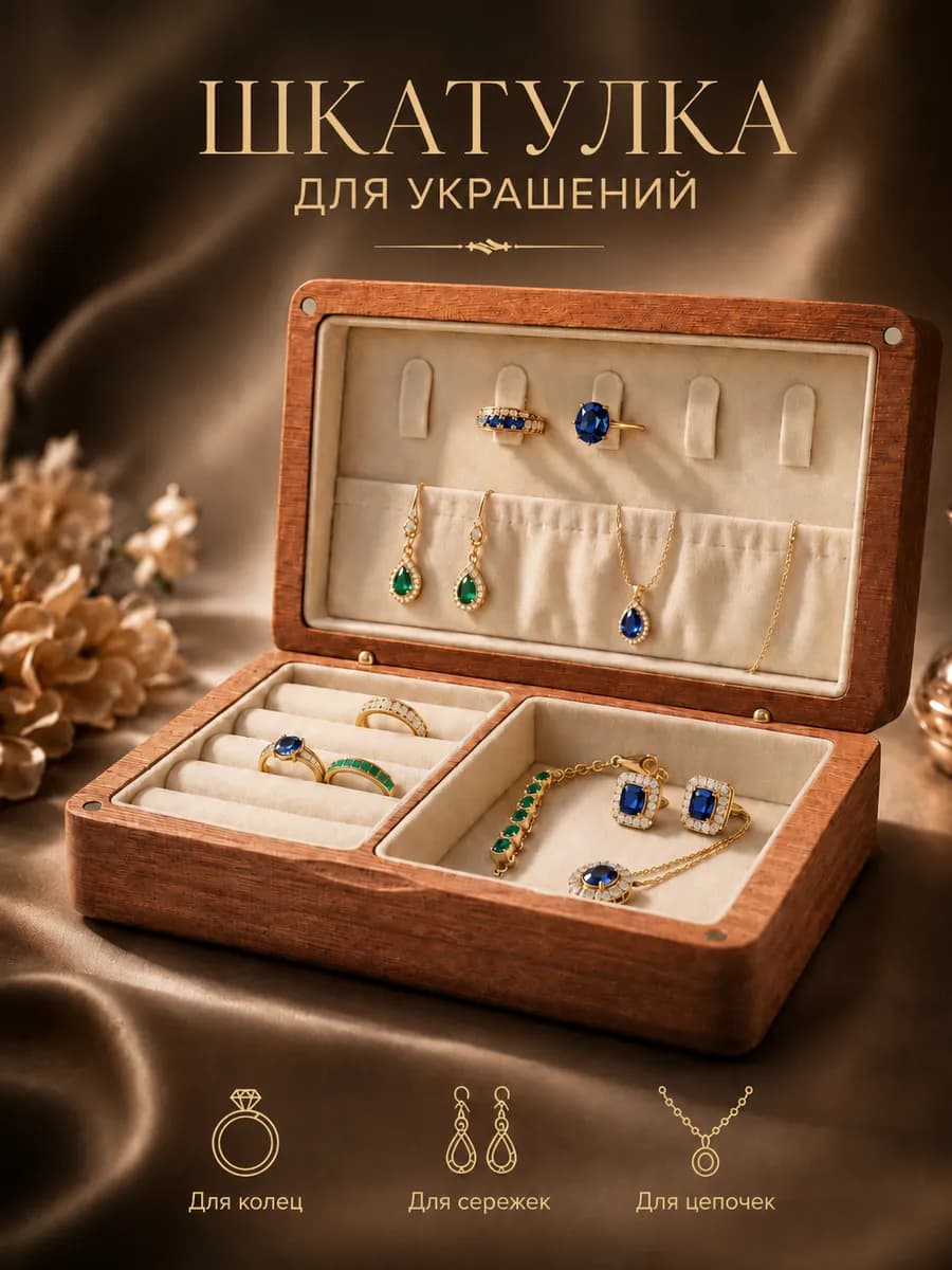Деревянная шкатулка для украшений, бархатная