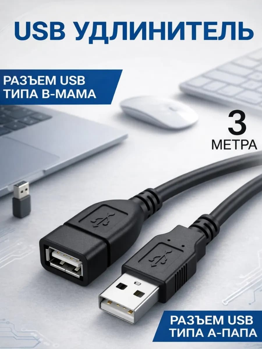 Кабель удлинитель USB 3 метра am-af