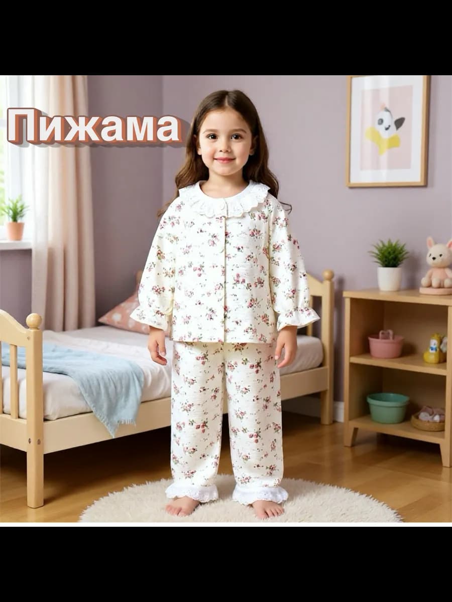 Пижама для девочки муслиновая со штанами и рубашкой