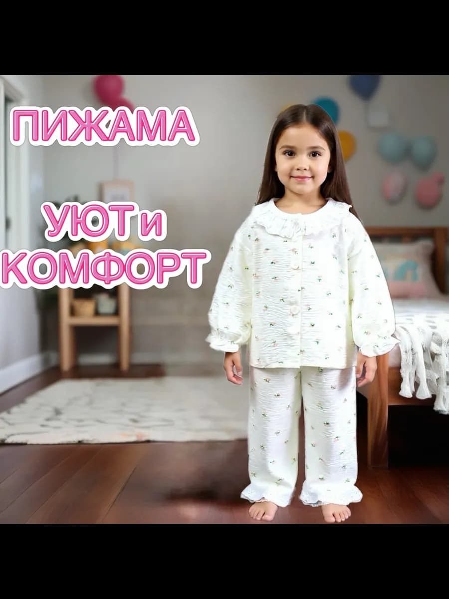 Пижама для девочки муслиновая со штанами и рубашкой