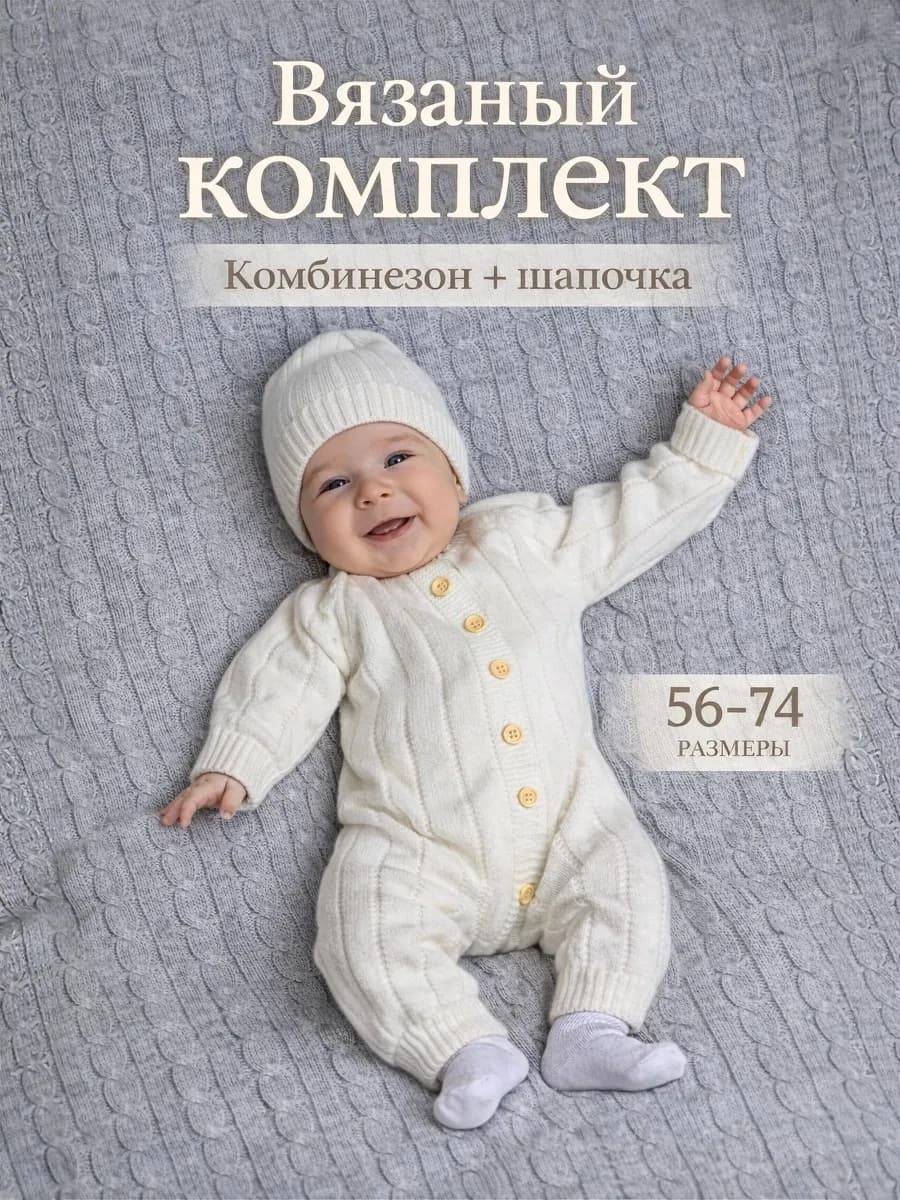 Вязаный комбинезон с шапочкой для малыша