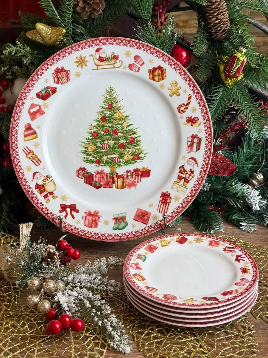 Новогодняя посуда Блюдо для торта и 6 тарелок 16 см