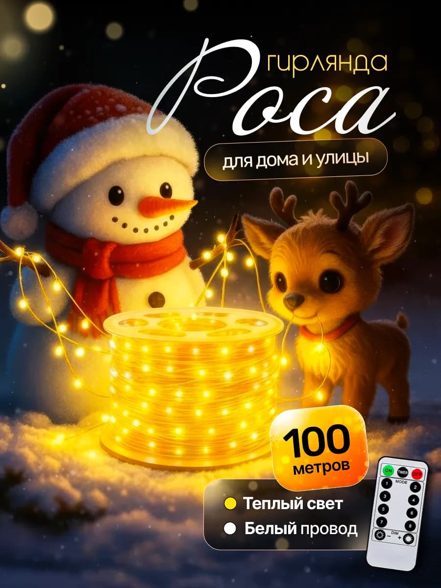 Гирлянда роса 100 м с белым проводом желтая