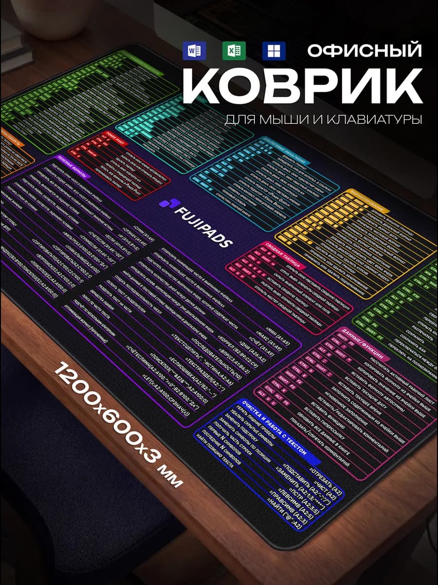 Большой коврик для мышки 1200х600 c подсказками excel