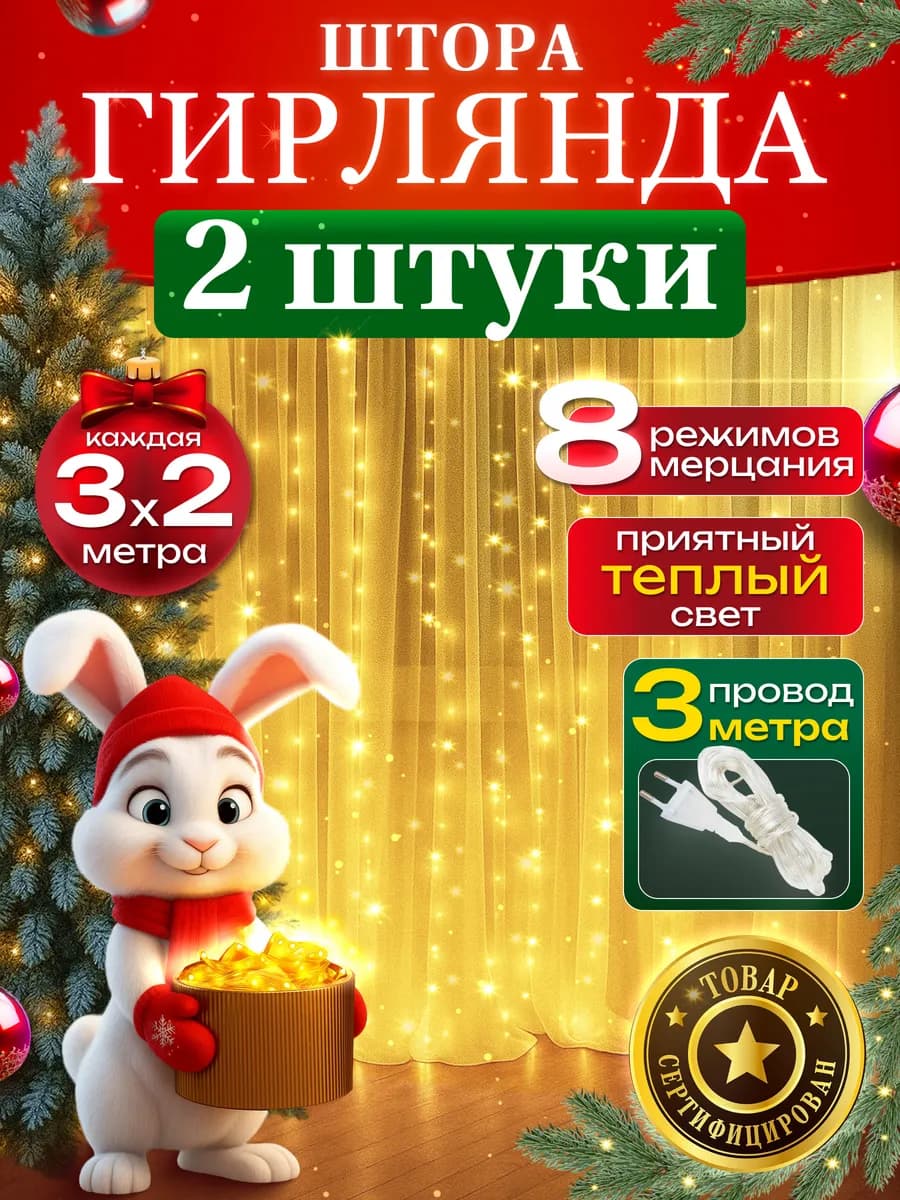 Гирлянда штора 3х2 на окно желтая 2 штуки