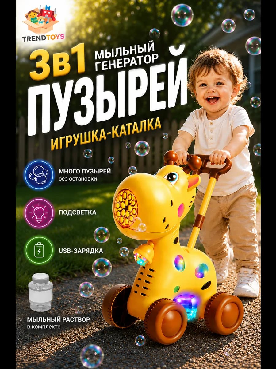 Каталка детская с ручкой, генератор мыльных пузырей