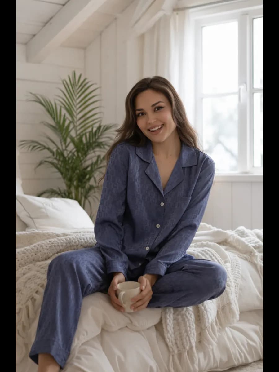 Пижама шелковая со штанами и рубашкой домашняя