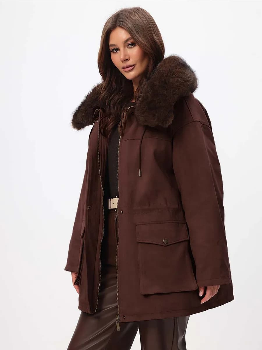 Замшевая парка осень-зима с капюшоном и мехом