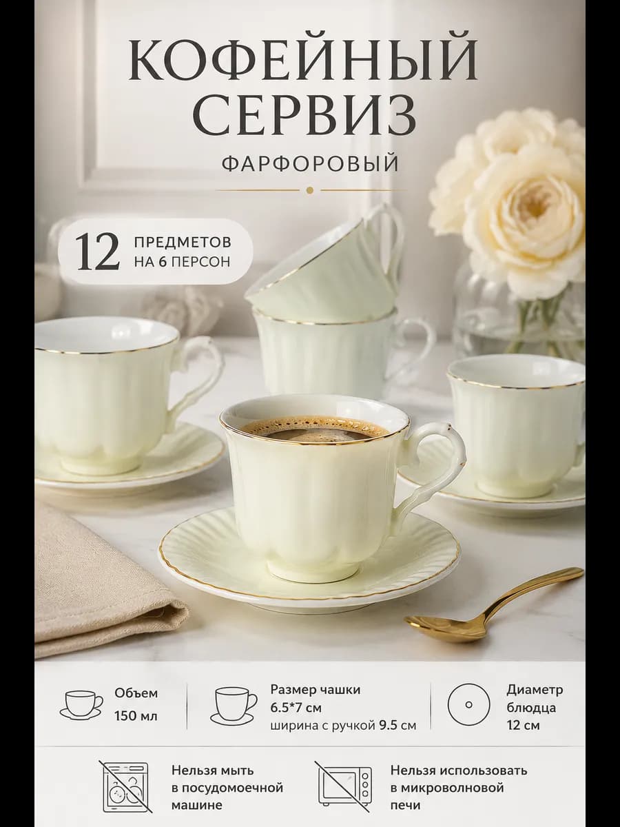 Кофейный сервиз 12 предметов фарфор 150 мл