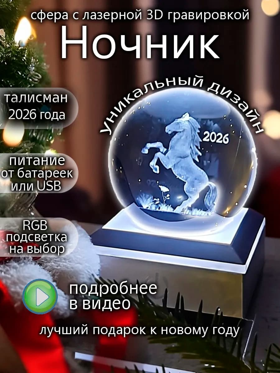 Ночник шар настольный с 3D символ 2026 года лошади - фото 1