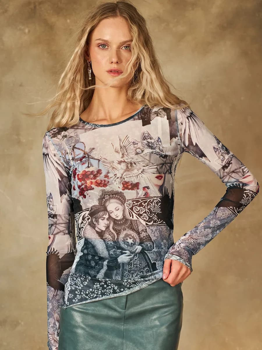 Лонгслив полупрозрачный из сеточки с принтом