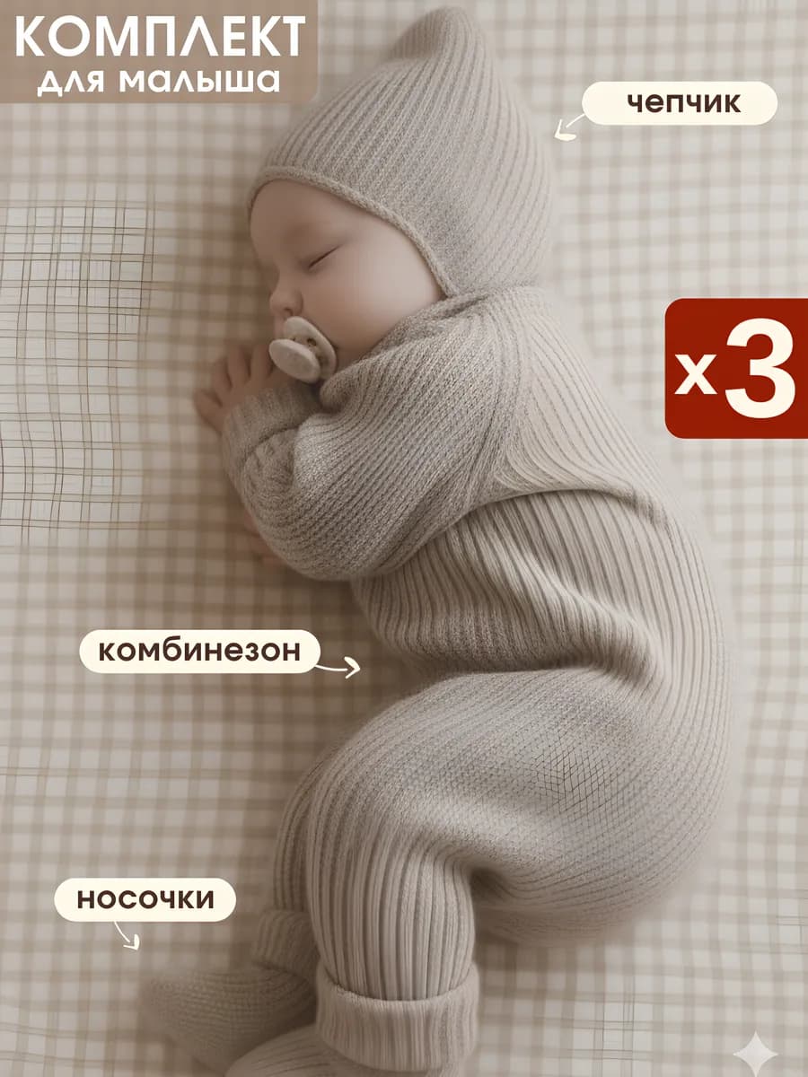 Вязаный комбинезон для новорожденных комплект на выписку