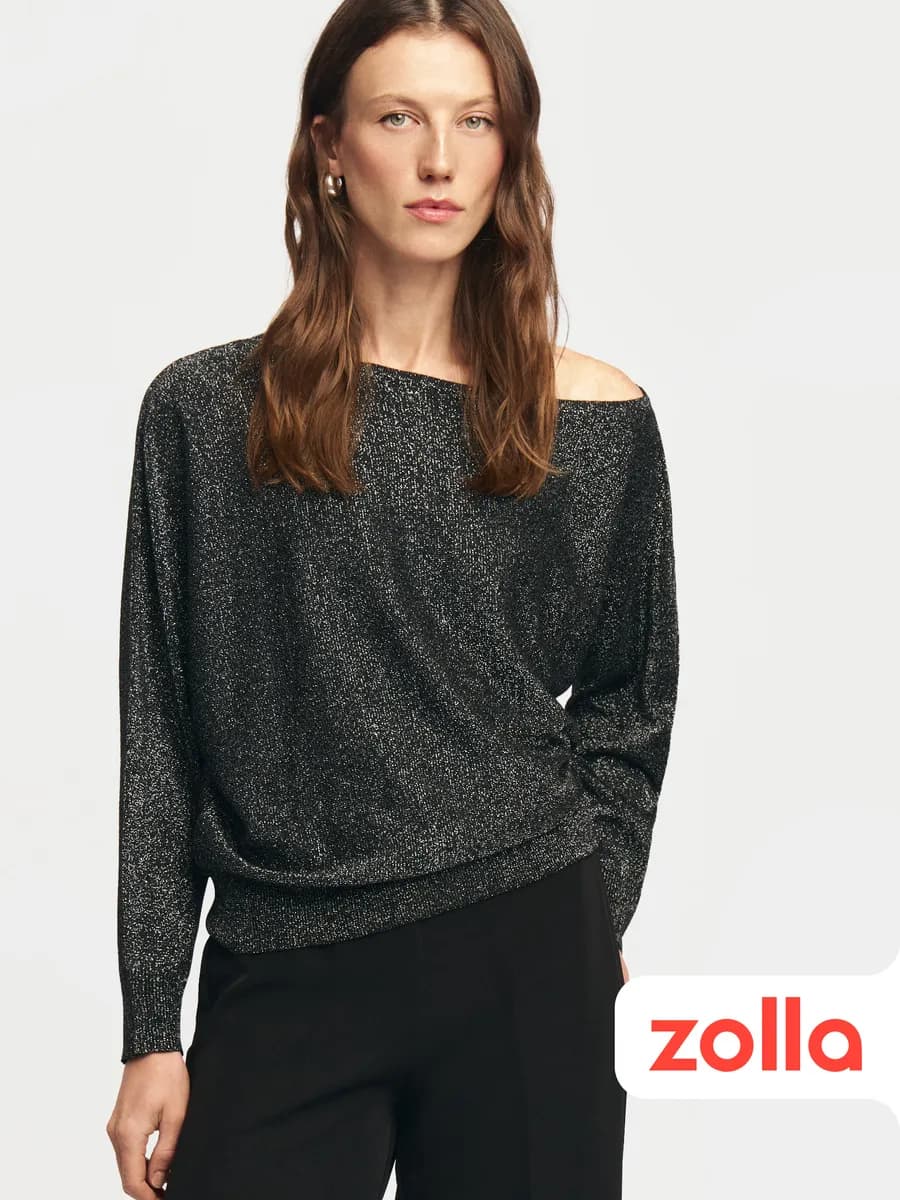 Женский джемпер вырез на плечо люрекс