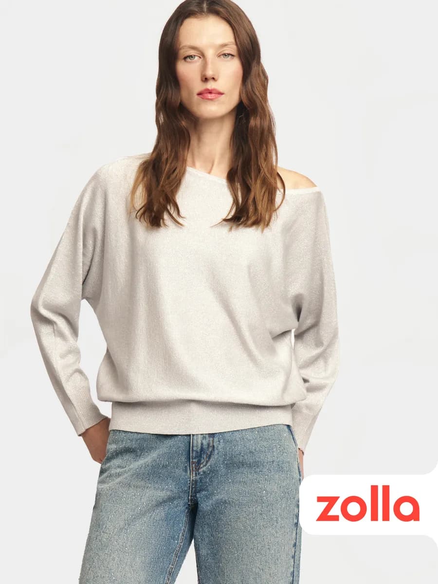 Женский джемпер вырез на плечо люрекс