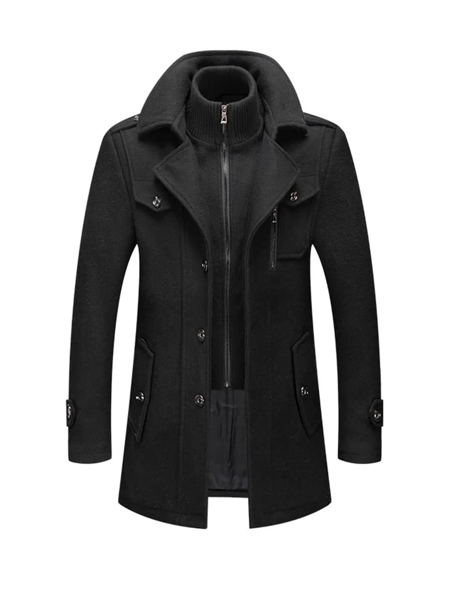 Деловое шерстяное пальто с двойным воротником-стойкой