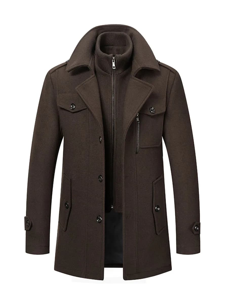 Деловое шерстяное пальто с двойным воротником-стойкой