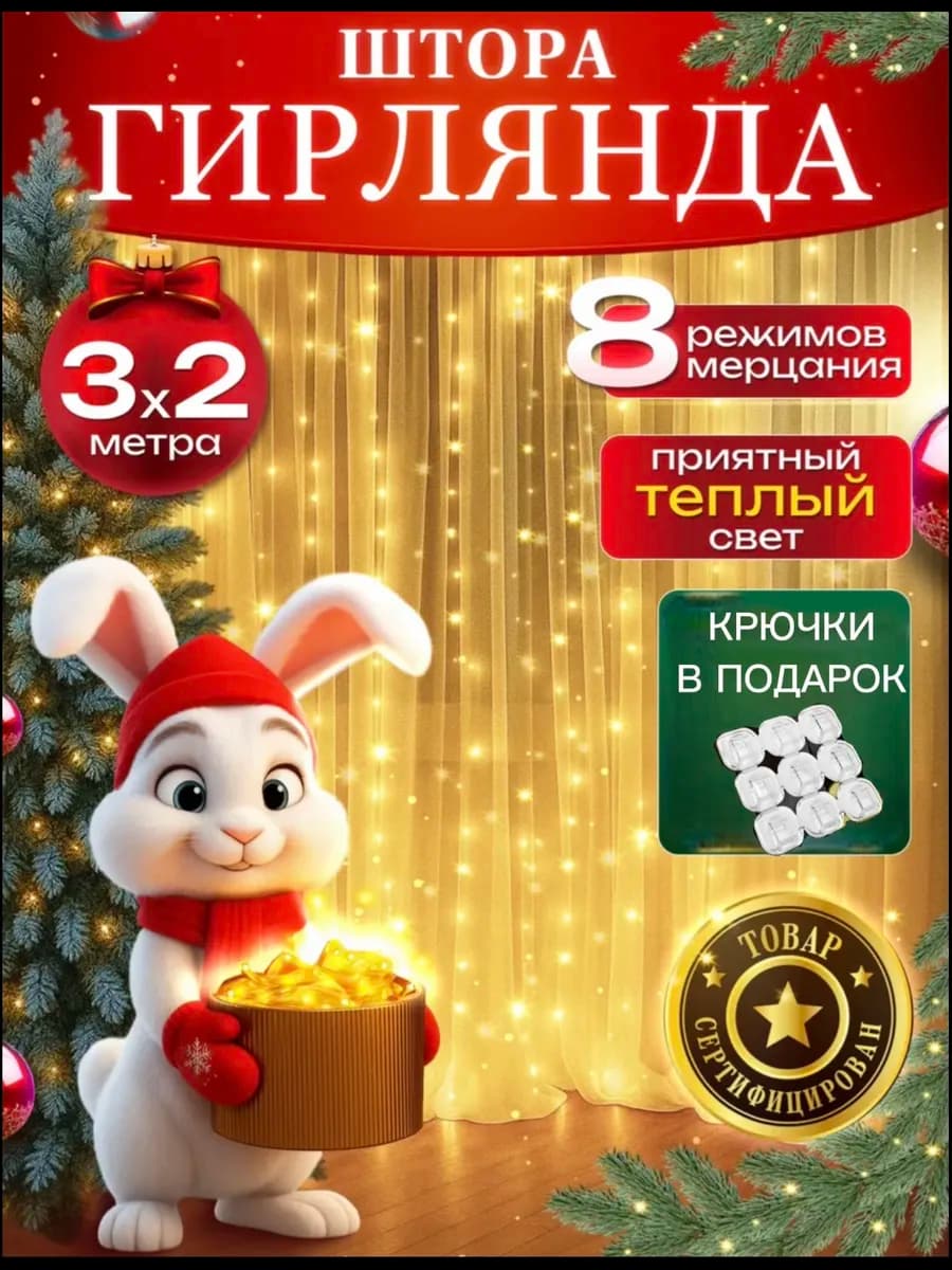 Гирлянда штора 3х2 желтая новогодняя занавес на окно