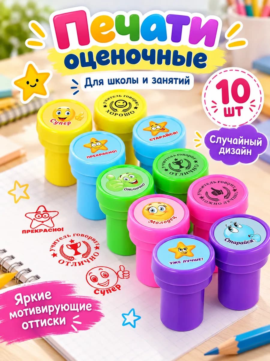 Печати детские штампы оценочные набор 10 шт