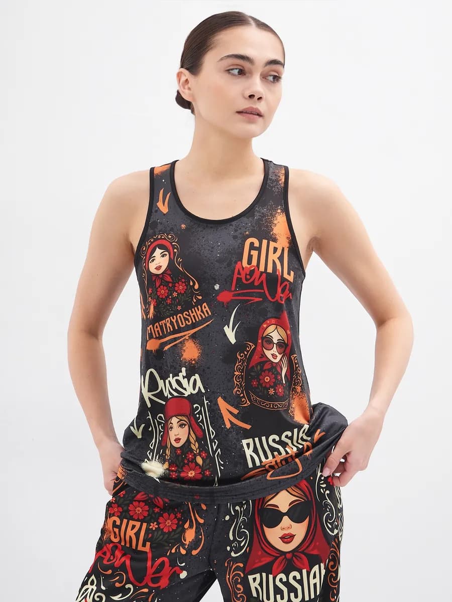 спортивная майка для фитнеса с принтом матрёшки