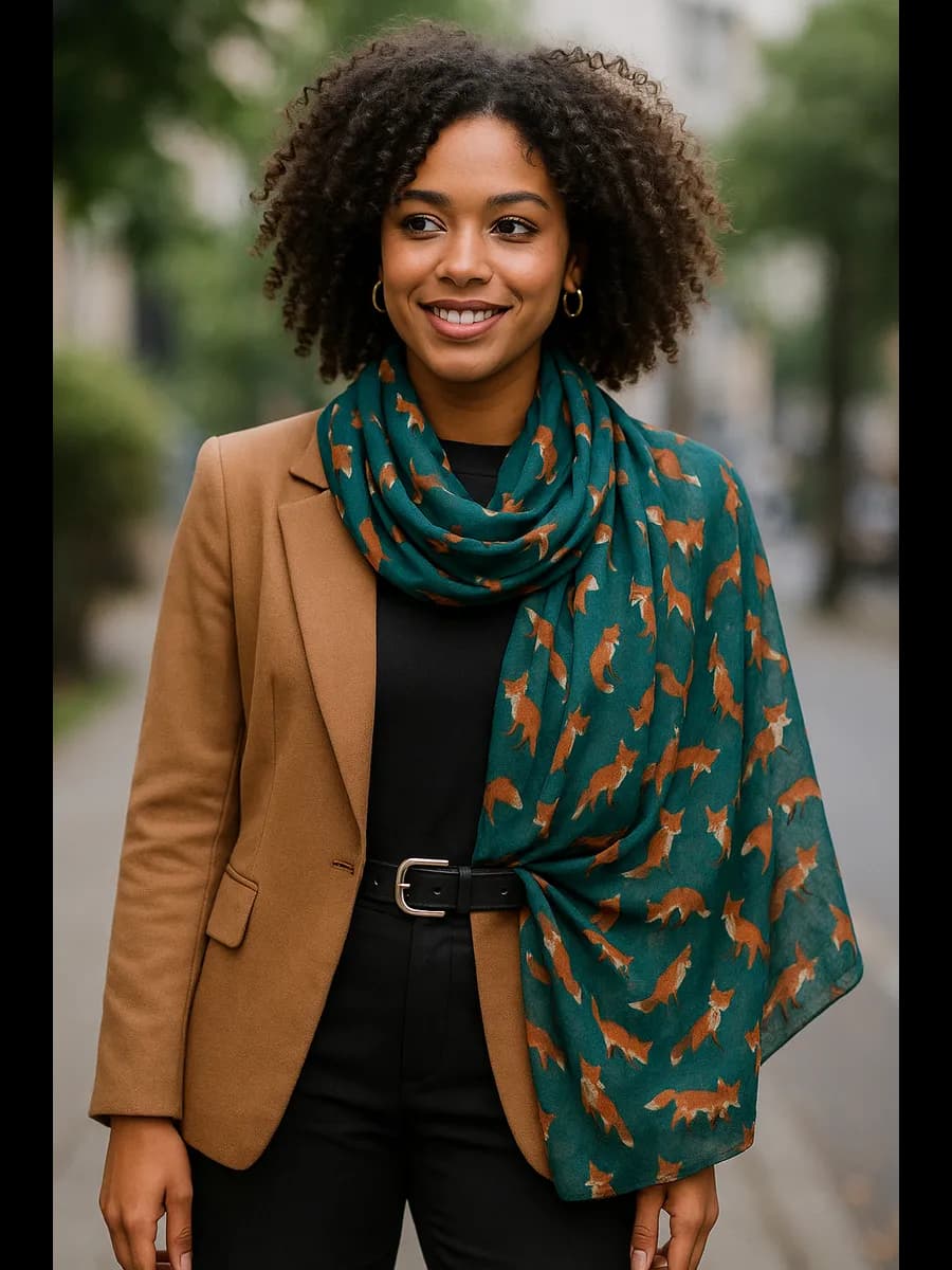 Палантин легкий платок с лисами изумрудный