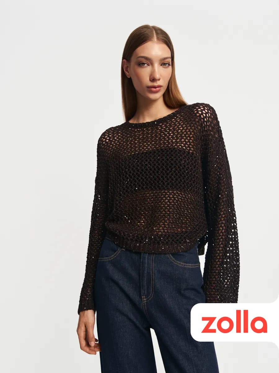 Женский вязаный джемпер-сетка с пайеткам - фото 1