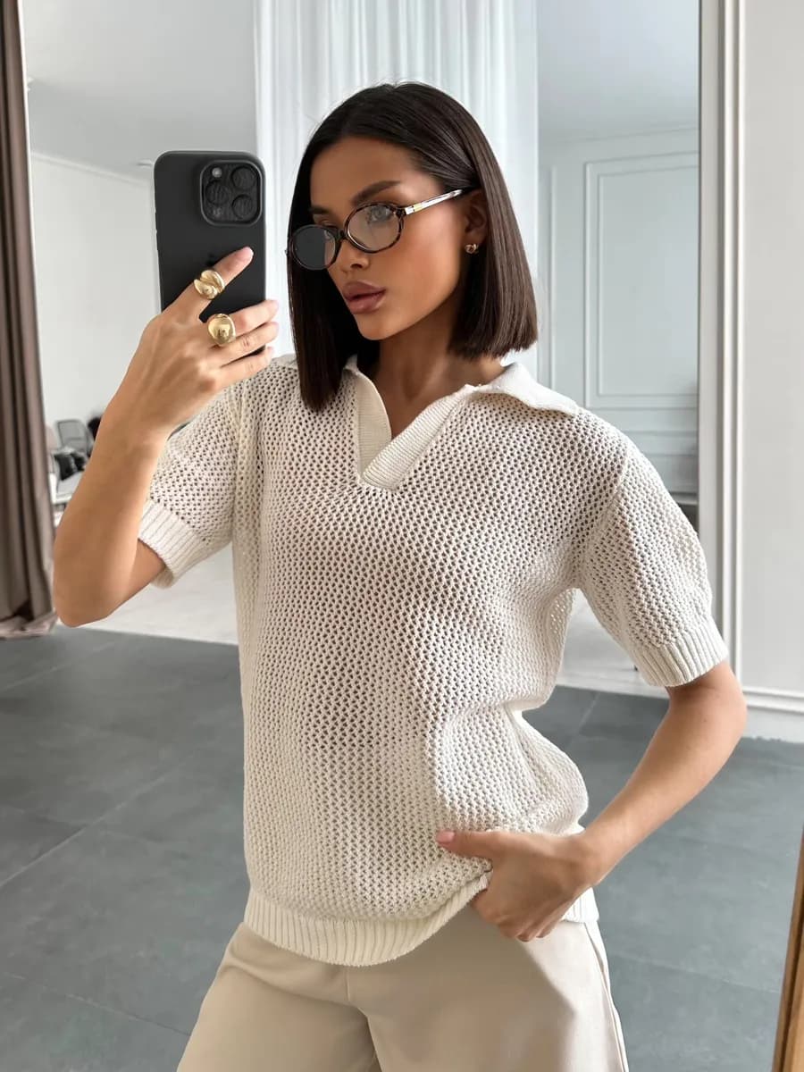 Вязаная футболка-поло с воротником Кроше трикотажное