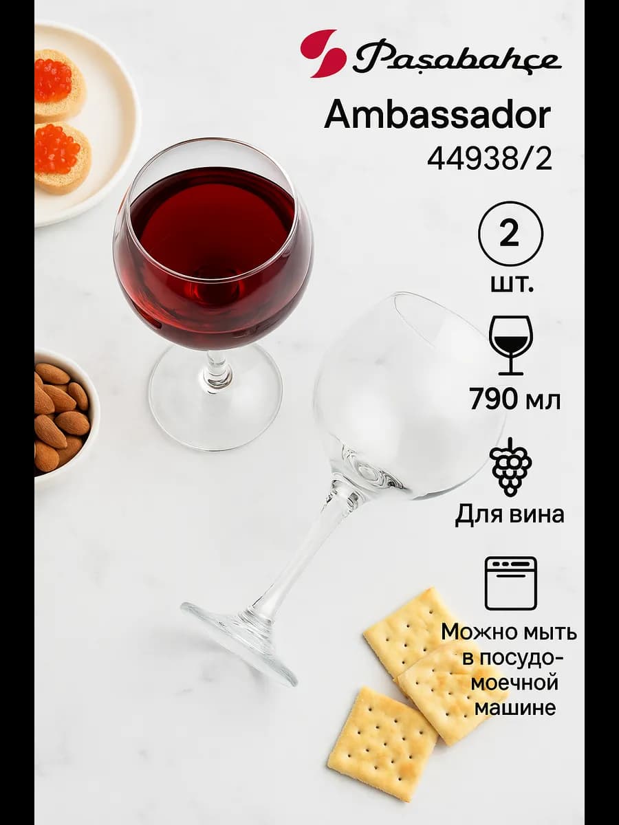 Бокалы для вина 790мл набор 2шт стекляные Ambassador 44938 2