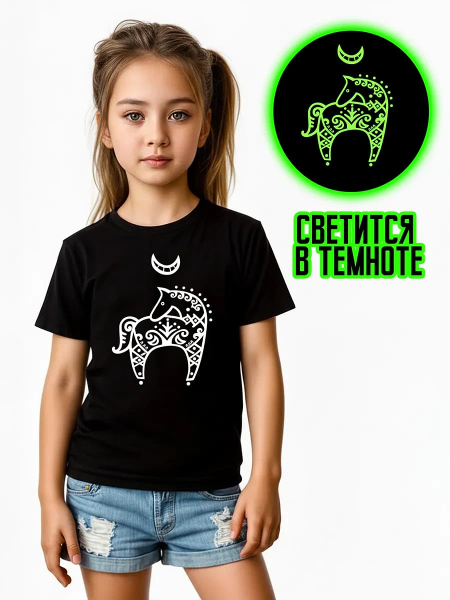 Новогодняя футболка 2026 со светящимся принтом Лошадки - фото 1