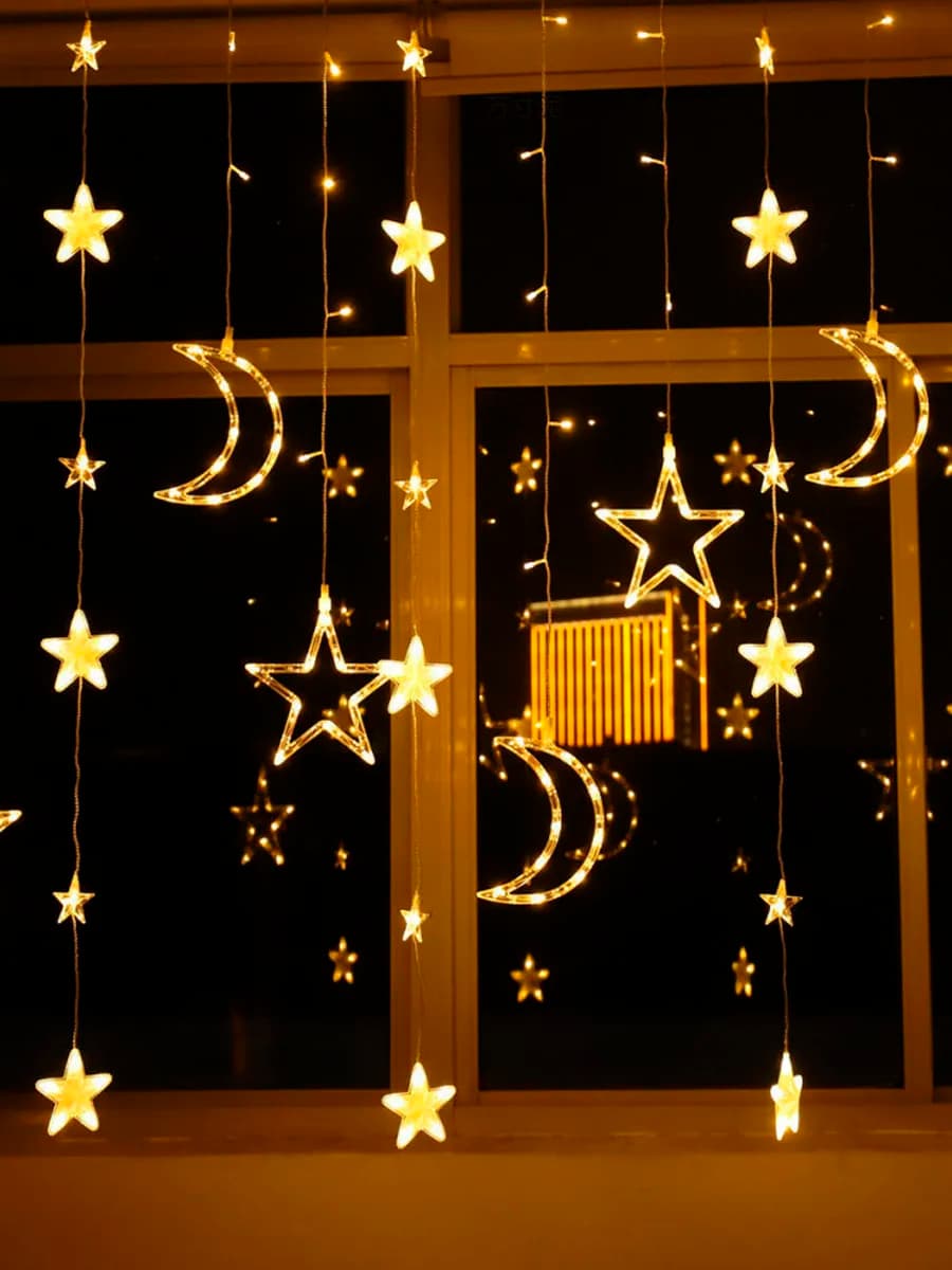 Гирлянда штора на окно теплая звезды и луна 3м