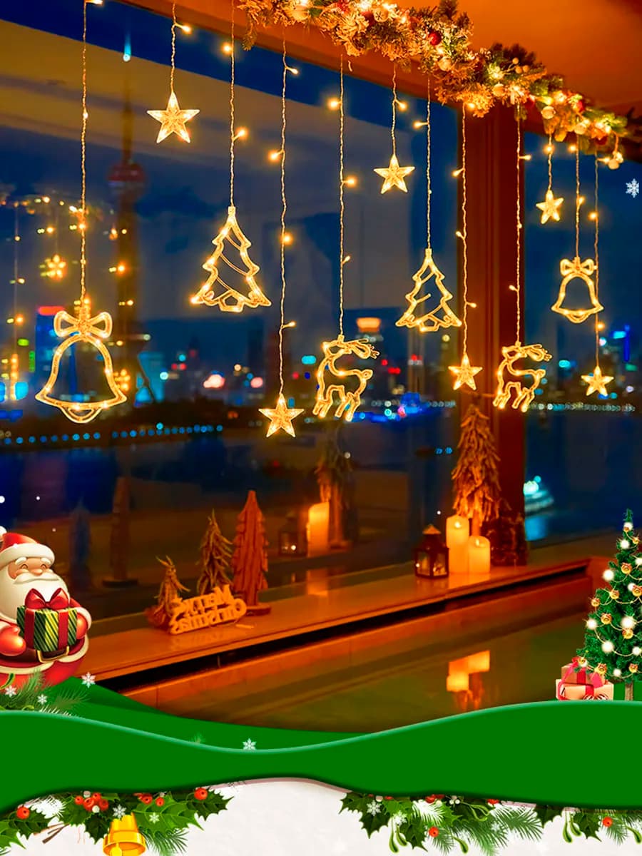 Гирлянда штора на окно олень елочка звезды 3м