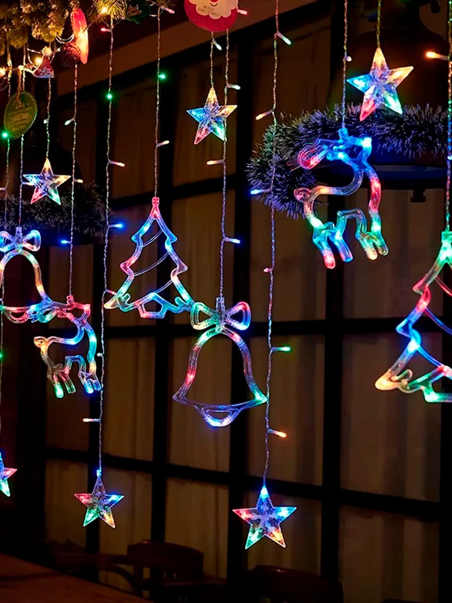 Гирлянда штора на окно олень елочка звезды 3м