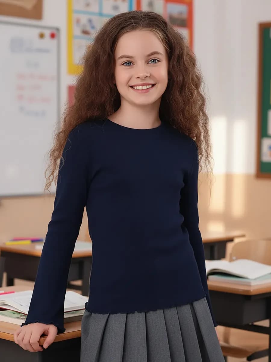 Лонгслив в рубчик школьный с рукавами клеш хлопок