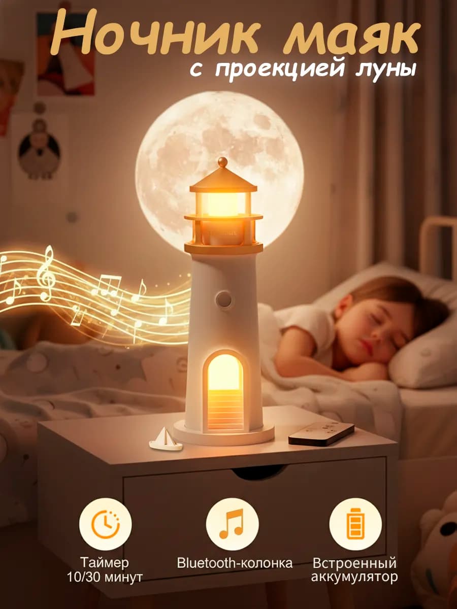 Ночник детский проектор луна с колонкой беспроводной