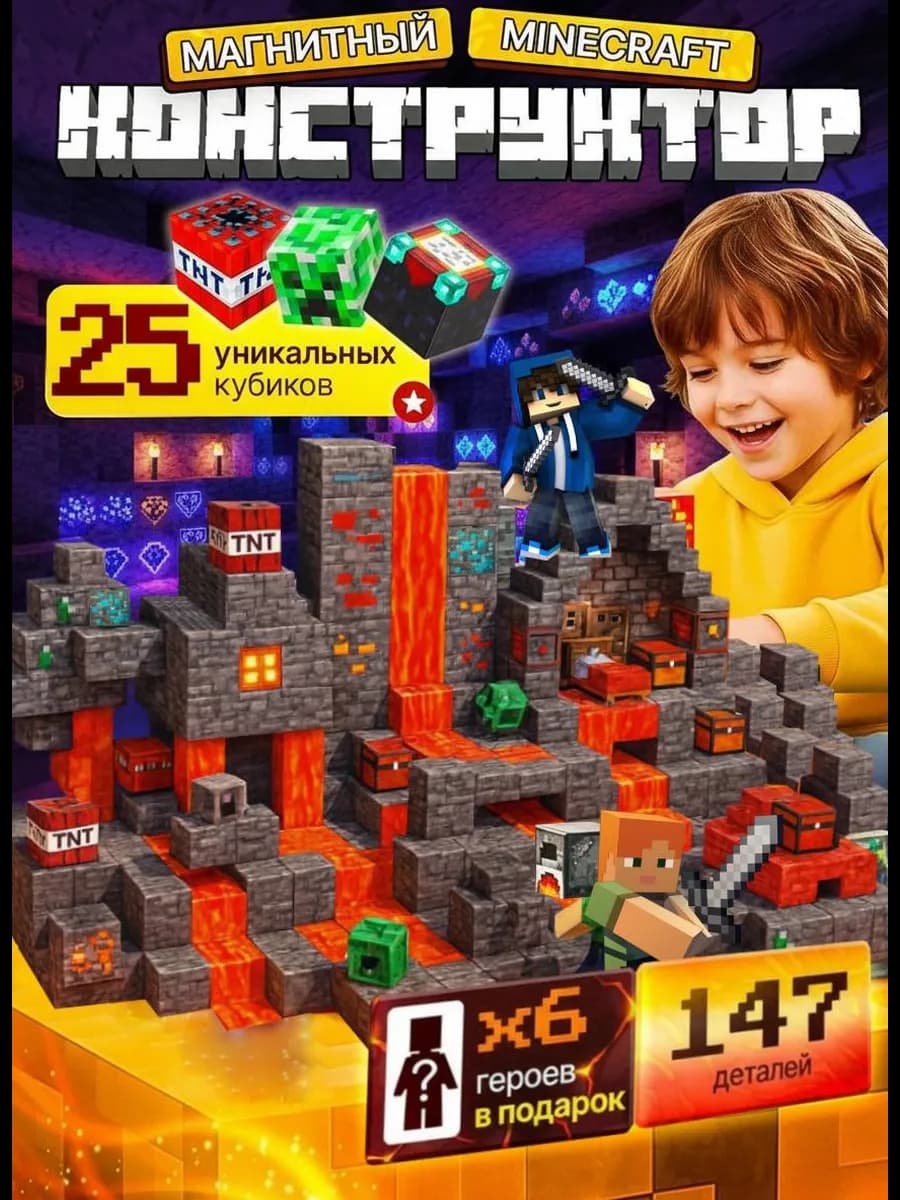 Магнитный конструктор minecraft кубики блоки 147 шт лава
