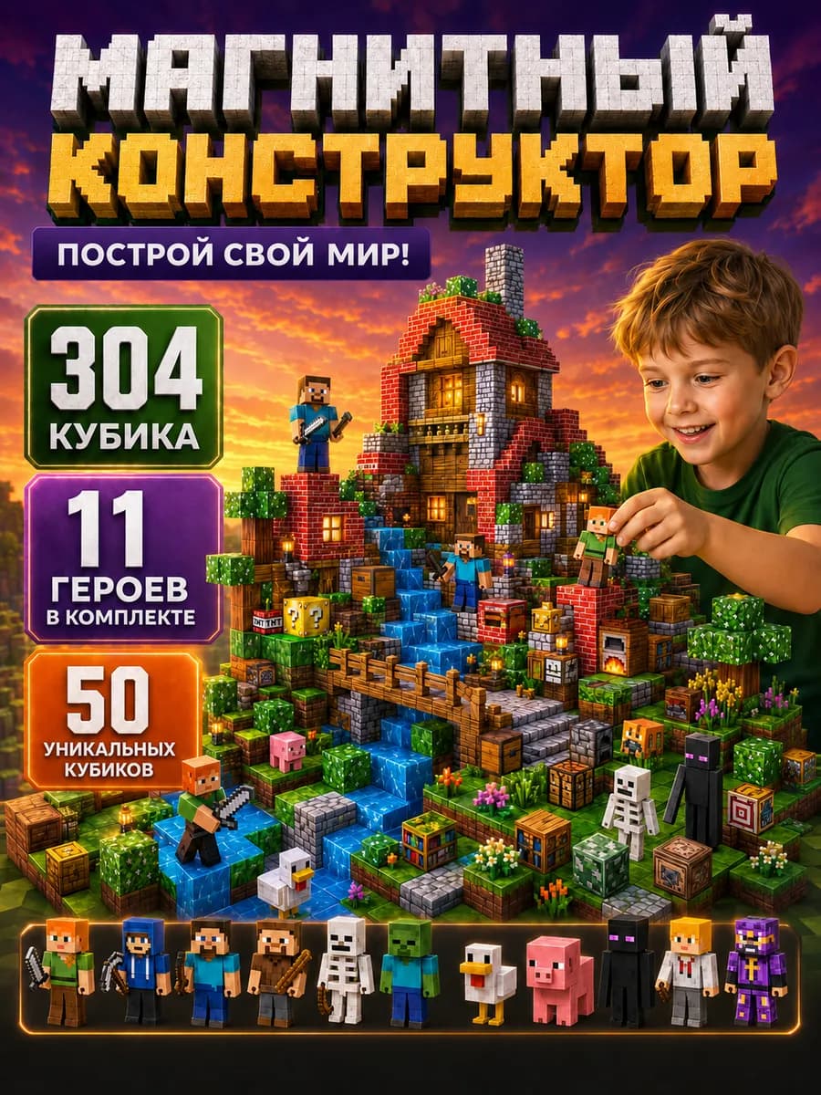 Магнитный конструктор minecraft кубики блоки 304 шт