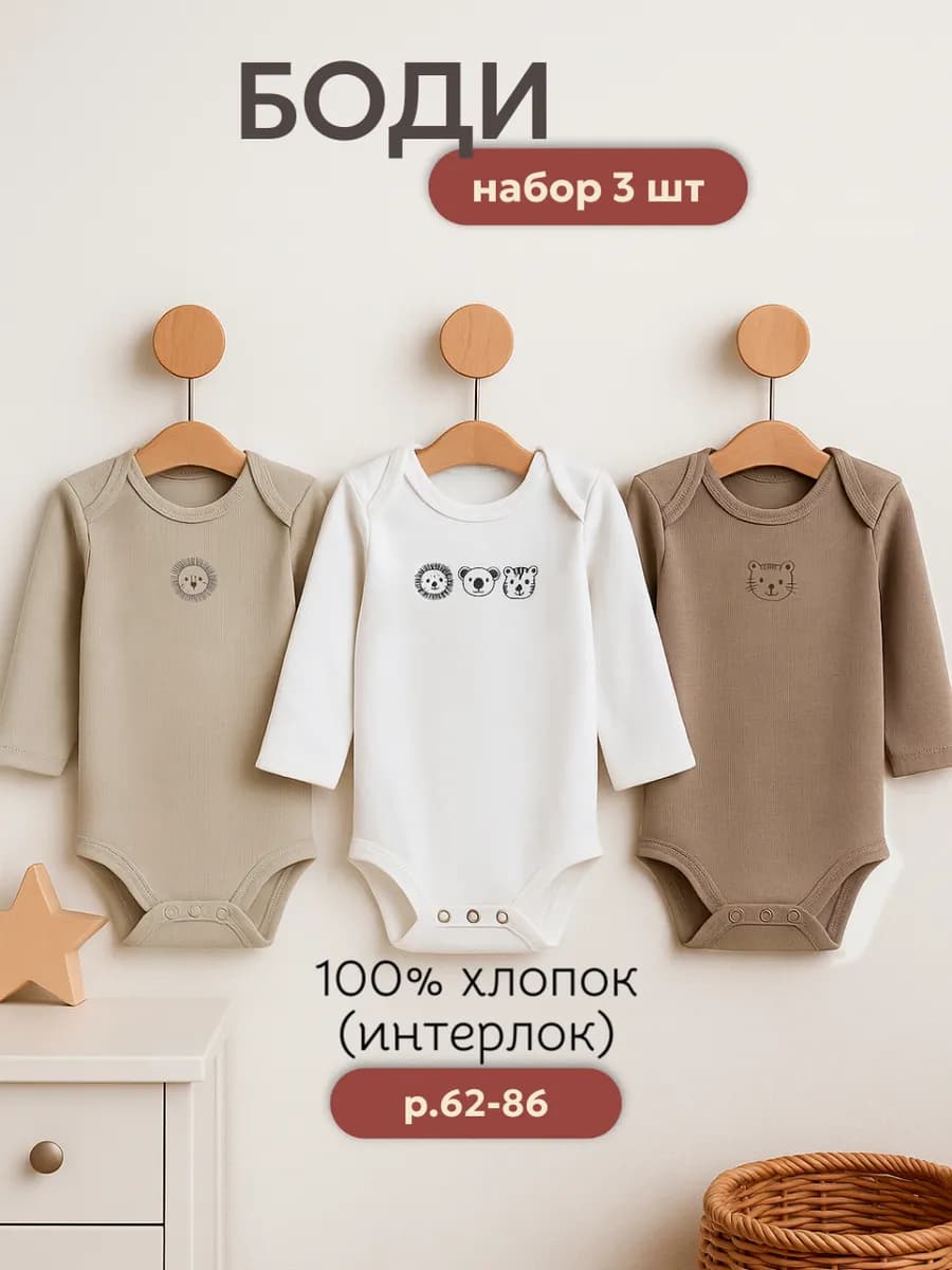 Комплект боди для новорожденных длинный рукав 3 шт