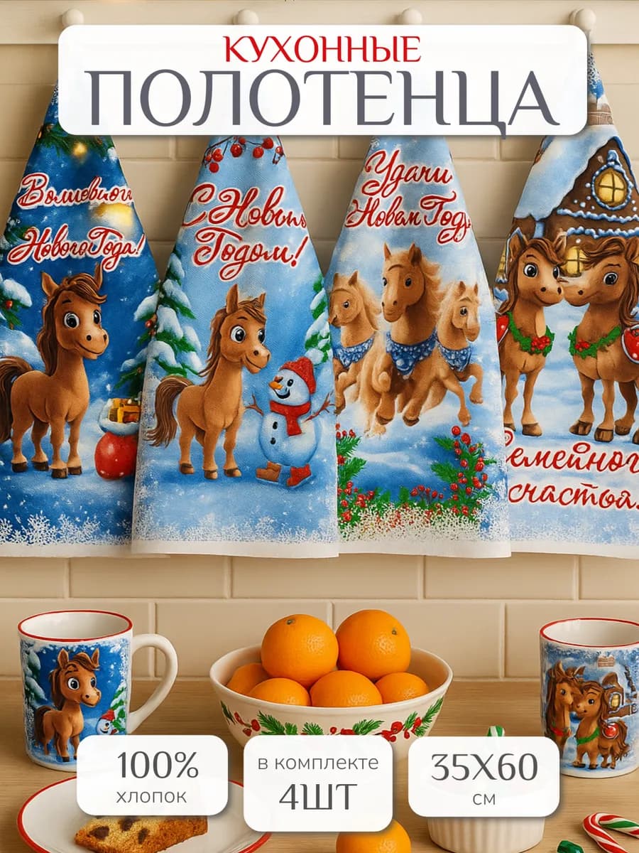 Полотенца кухонные в подарок 35х60см 4 шт хлопок Лошади