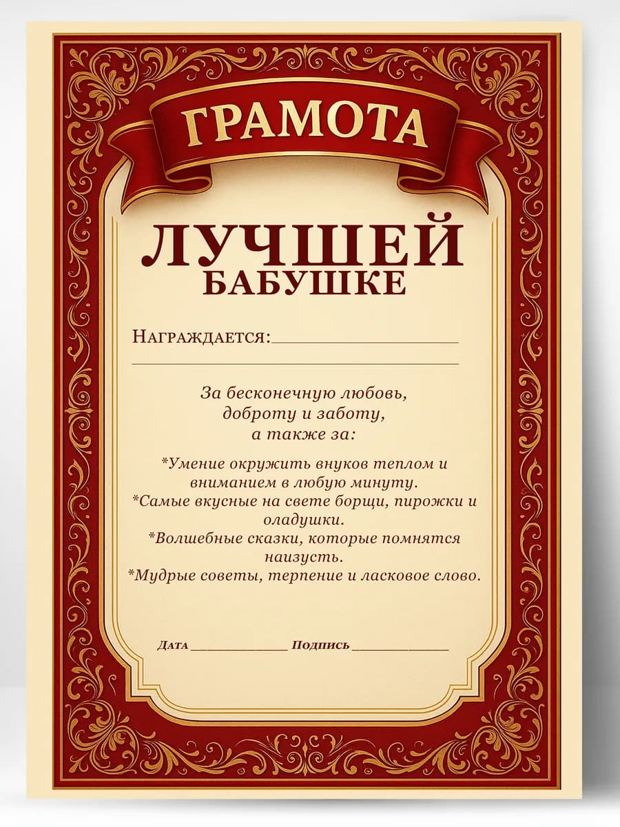 Грамота диплом в подарок - Лучшей бабушке