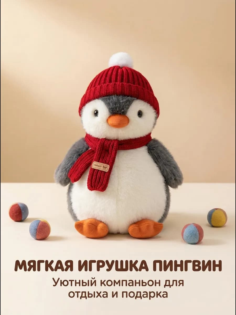 Мягкая плюшевая игрушка пингвин в шапочке и шарфике