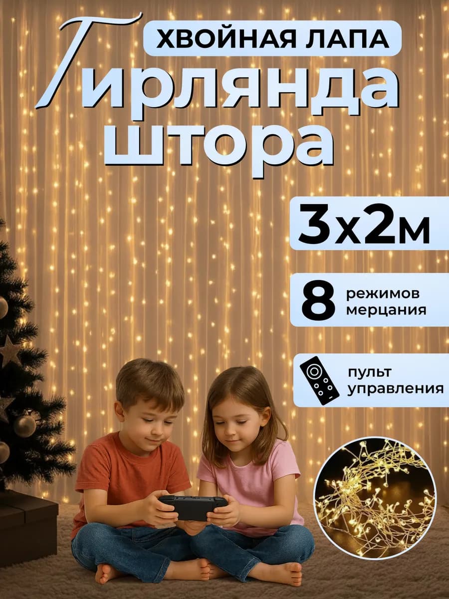 Гирлянда штора мишура хвойная лапа 3х2