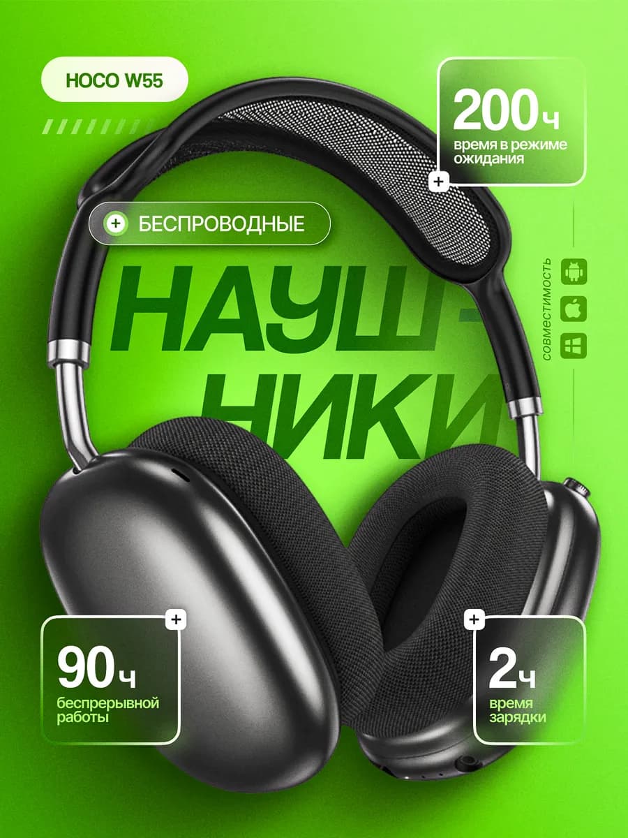 Большие беспроводные наушники w55 черные