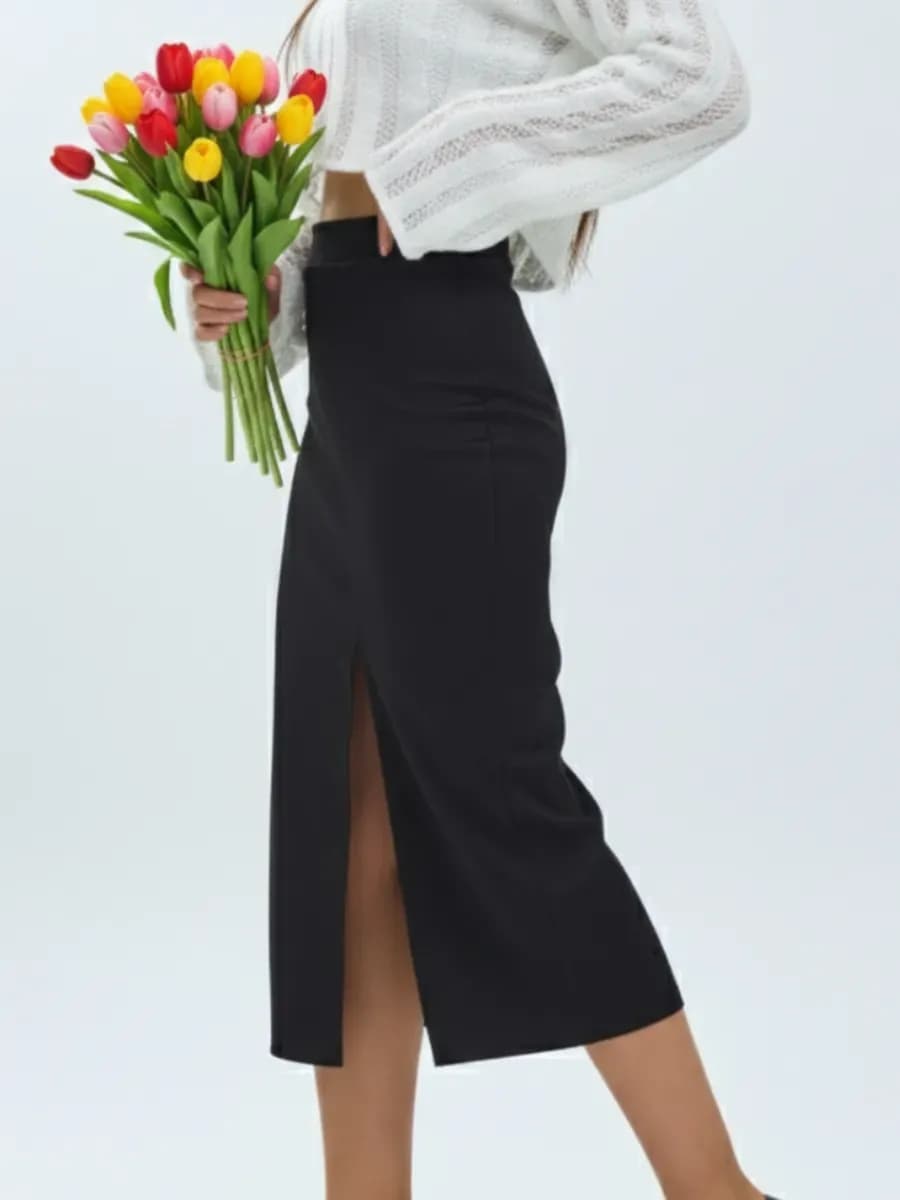 Юбка миди длинная карандаш замшевая с разрезом спереди