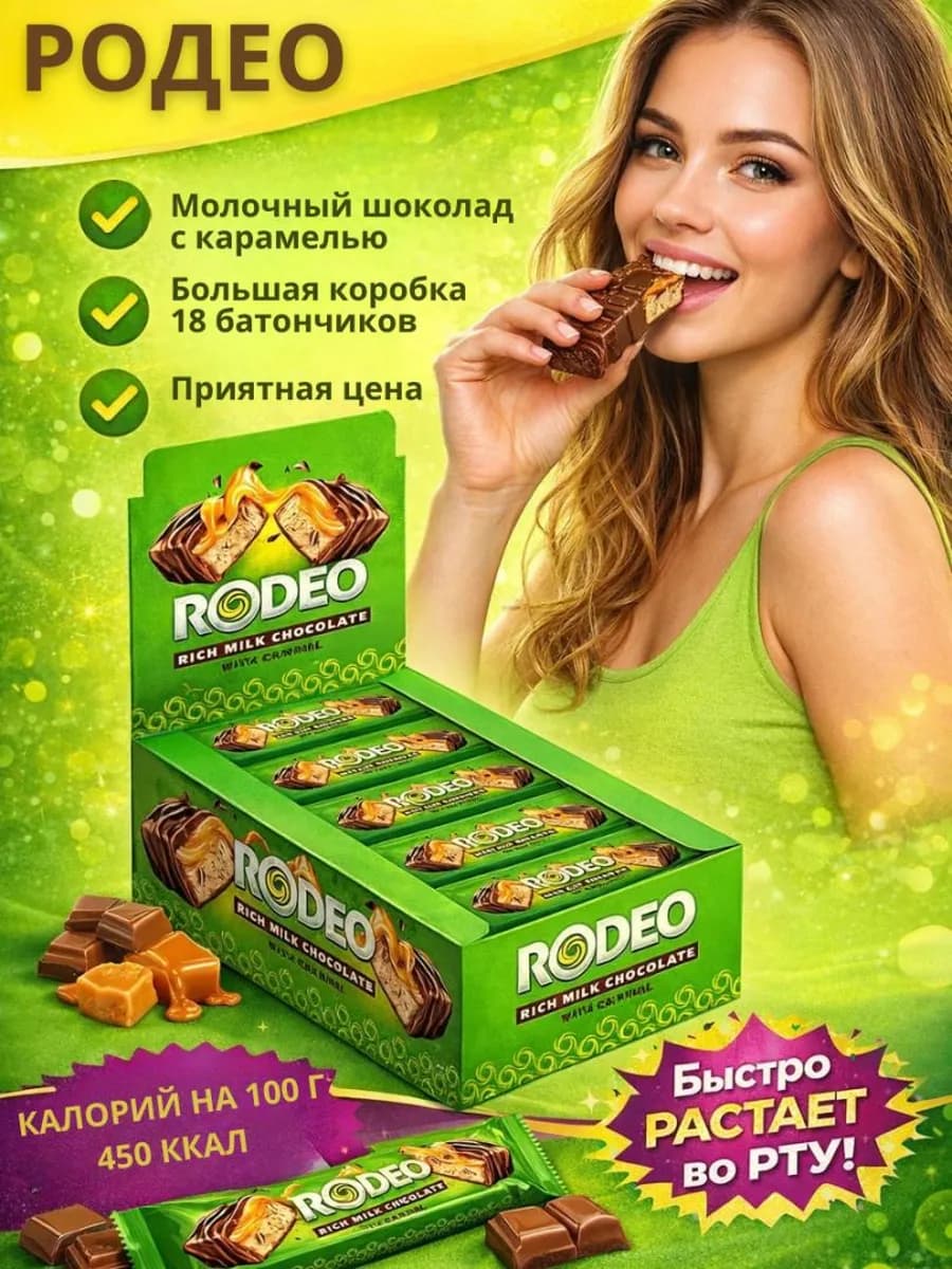 Батончики Родео с нугой и карамелью, 40г 18шт