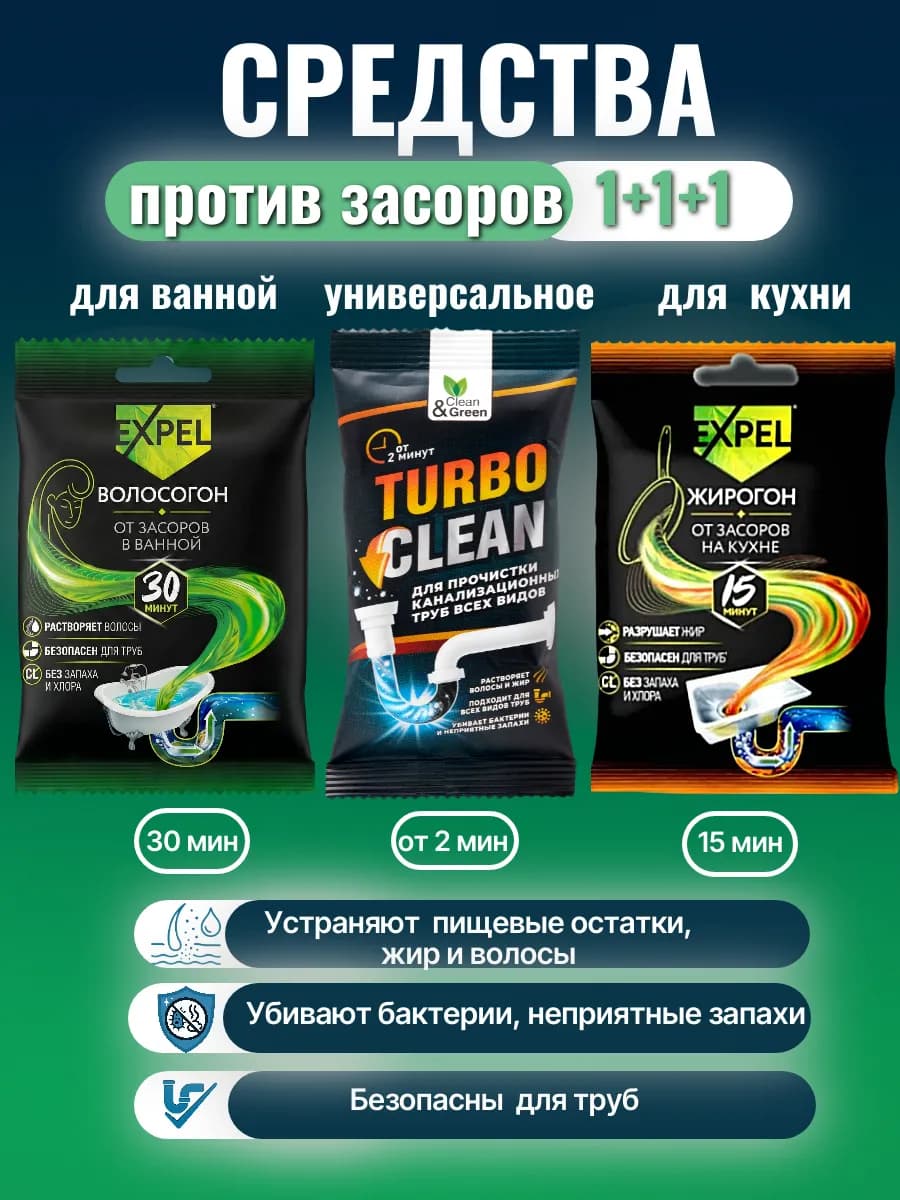 Средства от засоров труб для кухни и ванной
