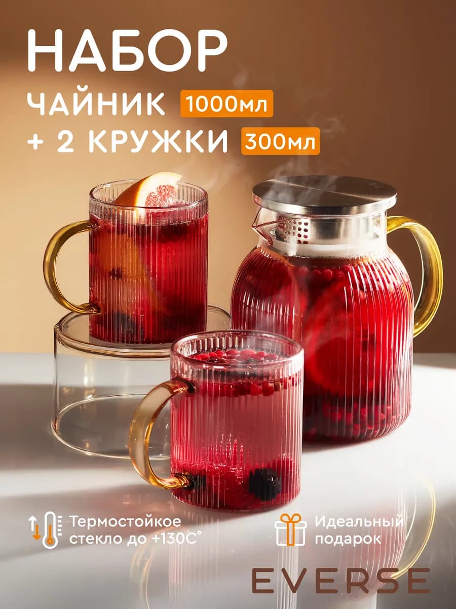 Чайный набор на 2 персоны чайник 1000 мл и кружки